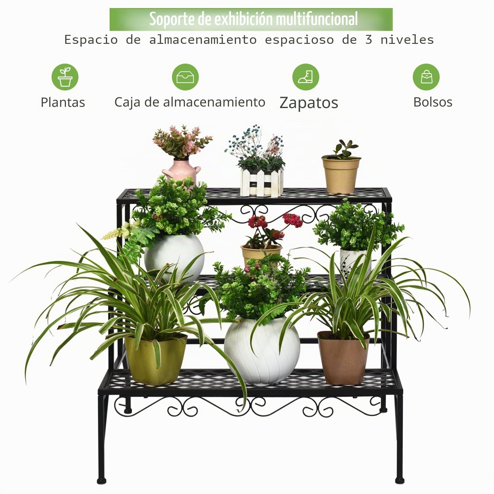 GOPLUS Soporte de metal para plantas, 3 niveles, escalera para flores, escaleras para plantas, para jardín, balcón, negro, 70 x 60 x 60,5 cm (rectangular con diseño)