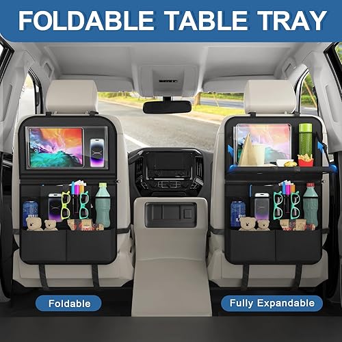 Miniatura 5 de Paquete de 2 organizadores para asiento trasero de automóvil con bandeja, almacenamiento de automóvil de 11 bolsillos con soporte para tableta y