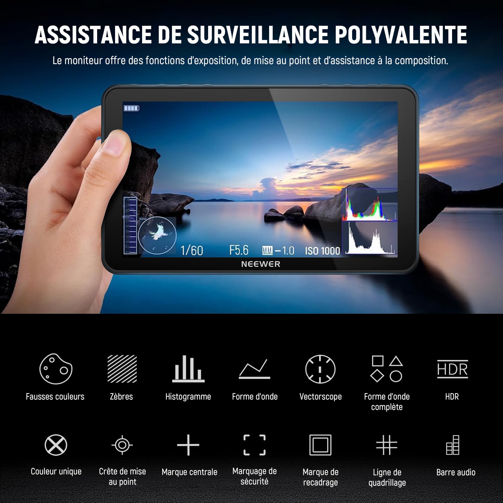 NEEWER F700 Moniteur Terrain pour Caméra 7",écran Tactile IPS HD 2000nit 1920x1080 avec 3D LUT,Boucle d'Entrée/Sortie HDMI 4K avec Peak Focus DSLR Video Assist HDR Waveform,2 Batteries NP-F750 & Câble