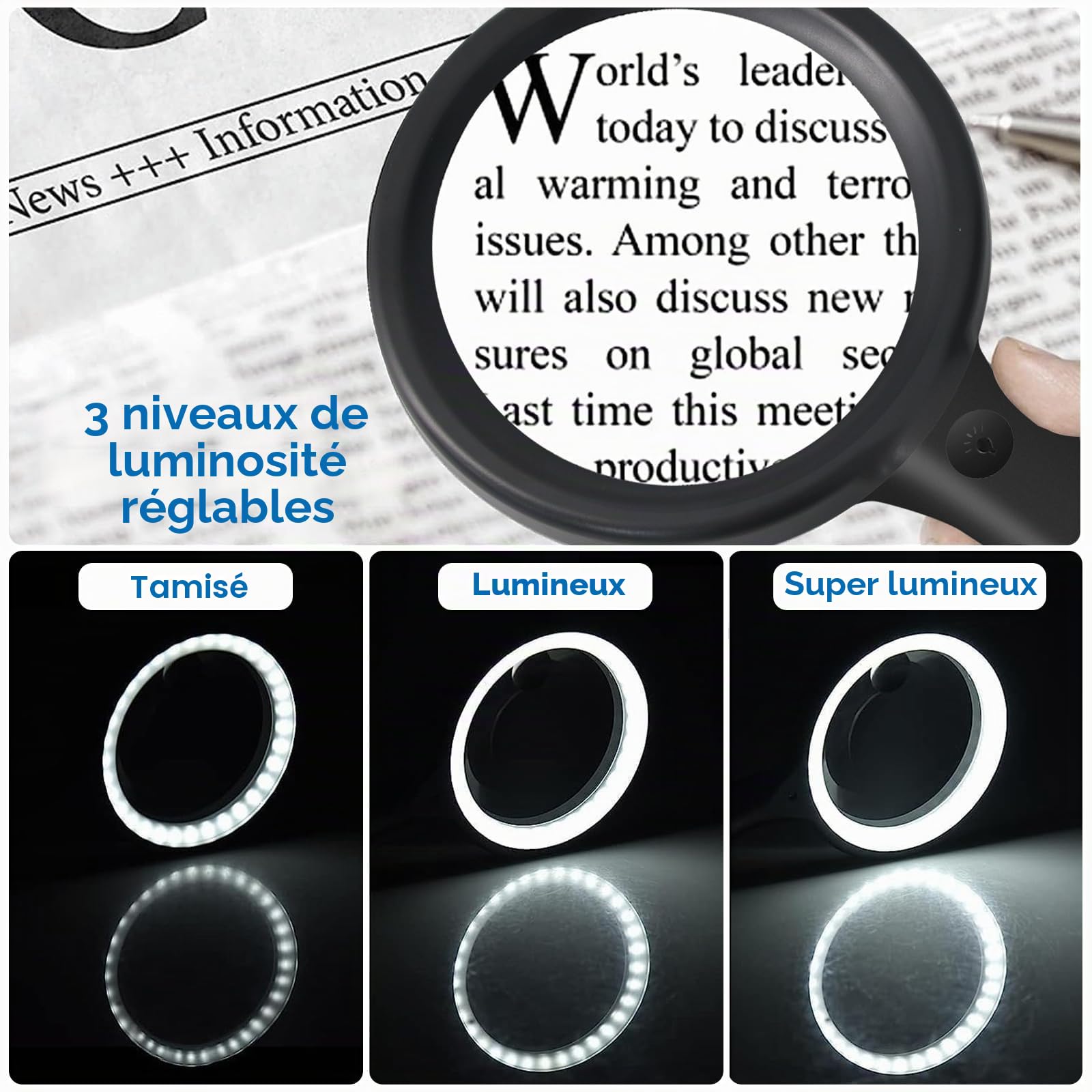 Loupe de Lecture 60X 30X 33LED USB Rechargeable avec Lumière 3 Modes