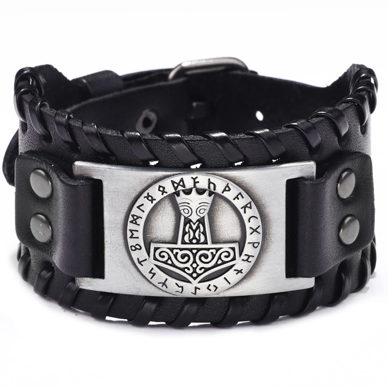 Valknut Bracciale Uomo In Pelle Nera Con 24 Rune Nordiche In Argento Anticato - Gioiello Viking Regolabile, Larghezza 4 Cm, One Size, Vintage - 3