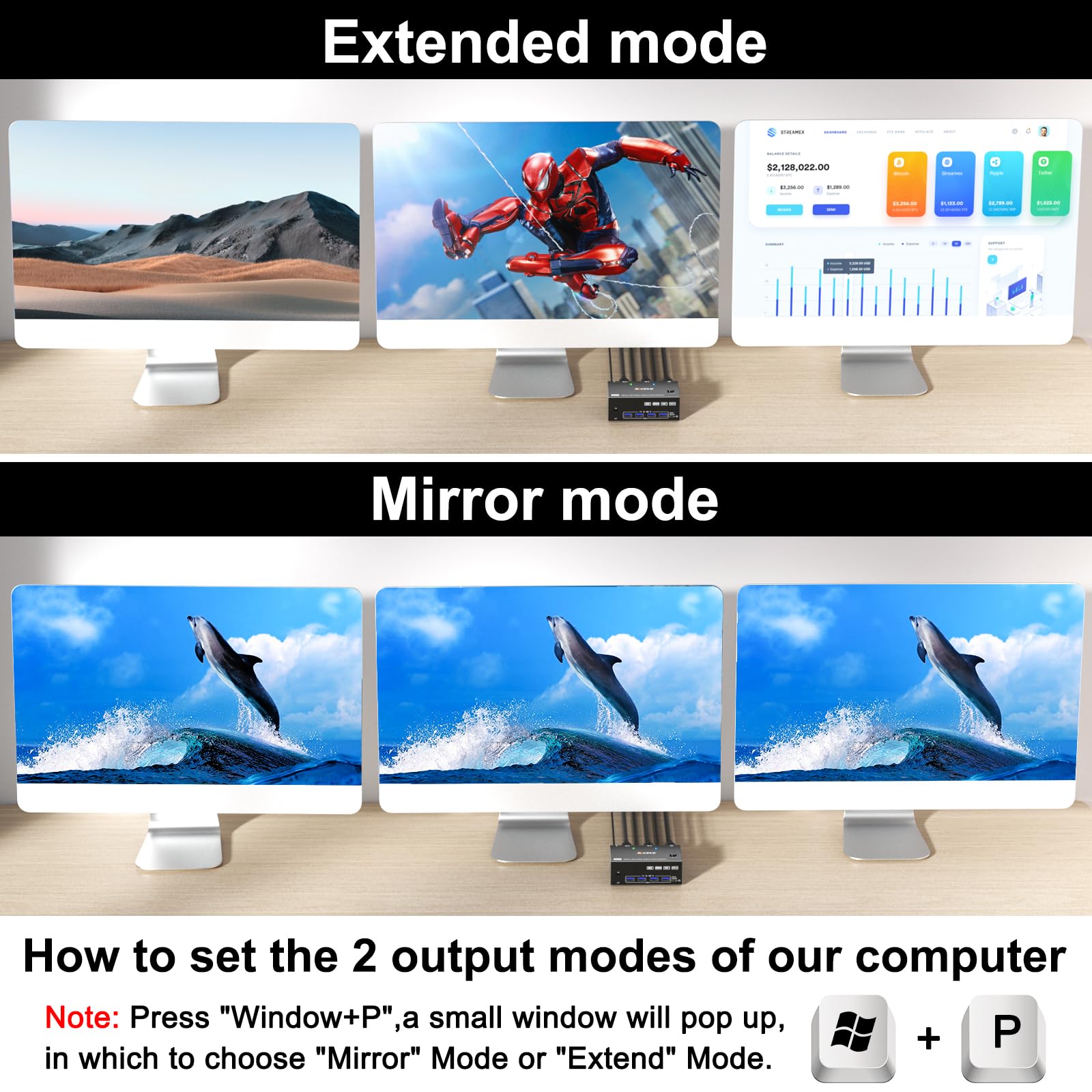 ?KVM Switch 3 Monitors 2 Computers 8K@60Hz 4K@144Hz, HDMI+2 Displayport KVM Switch Triple Monitor for 2 Computer Share 3 Monitor and 4 USB3.0 Port Keyboard Mouse,Wired Remote and 5 Cables Included