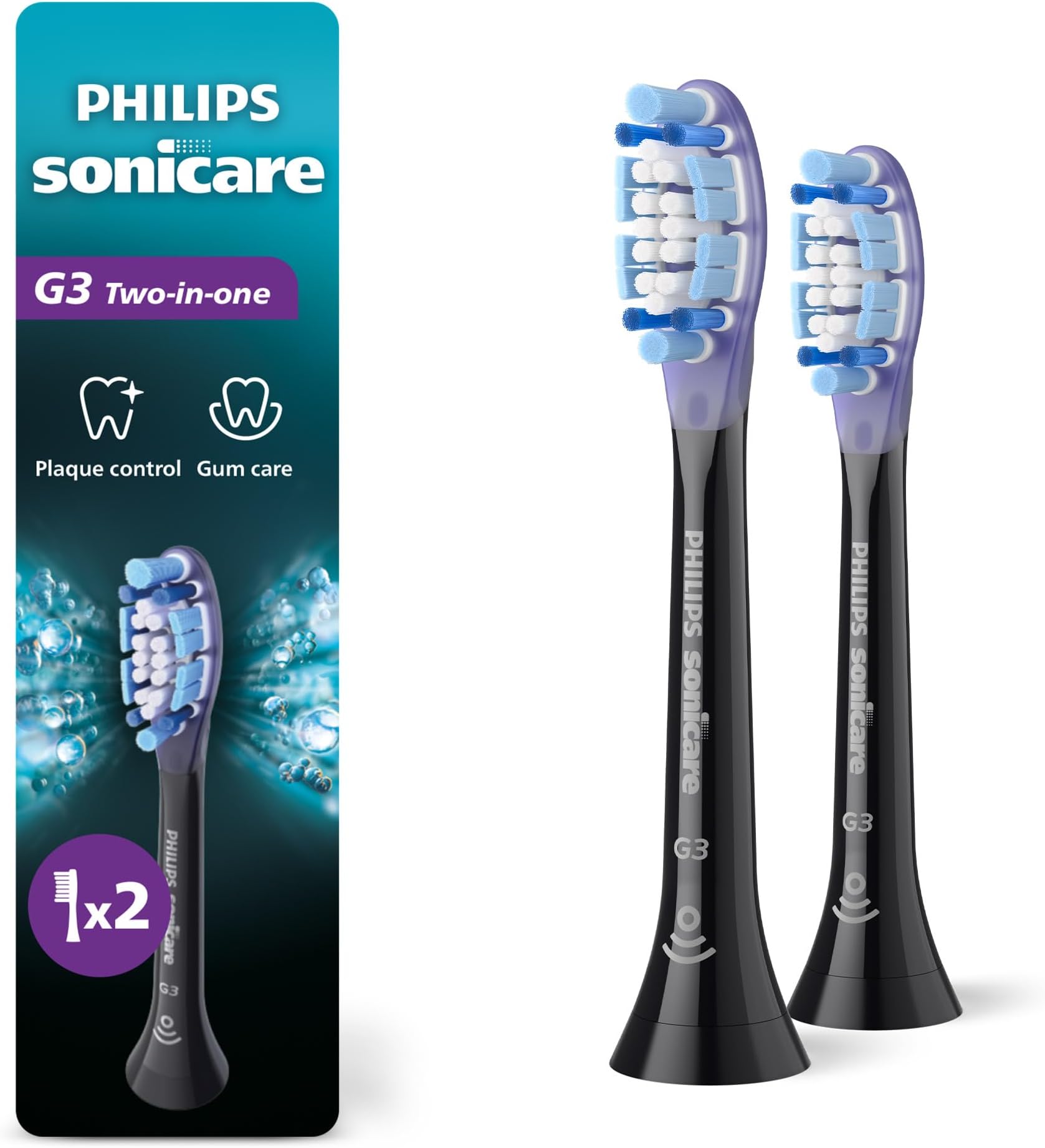 G3 Two-in-One - Genuine Replacement Electric Toothbrush Heads for Plaque Control and Gum Care, 2 Brush Head Pack Up to 6 Month Supply, Black, HX9052/95