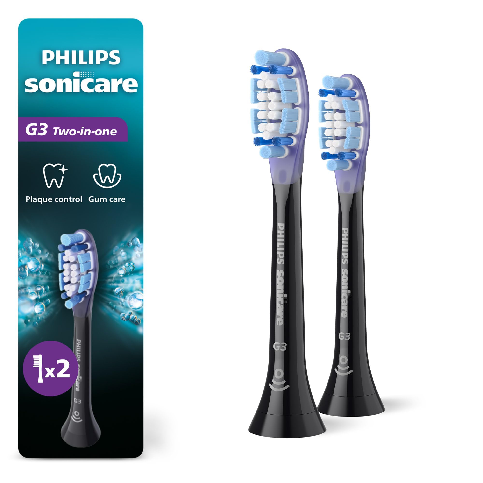 G3 Two-in-One - Genuine Replacement Electric Toothbrush Heads, Black, 2 Pack, HX9052/95