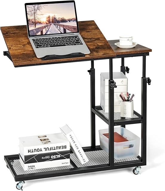 CASART Sofa Side Table, Height Adjustable Industrial Rolling Laptop Desk with 360° Wheels, Tilting Top and Shelves, C-Shaped Mobile Snack Coffee Tea Table for Living Room, Bedroom (with Tilting Top)