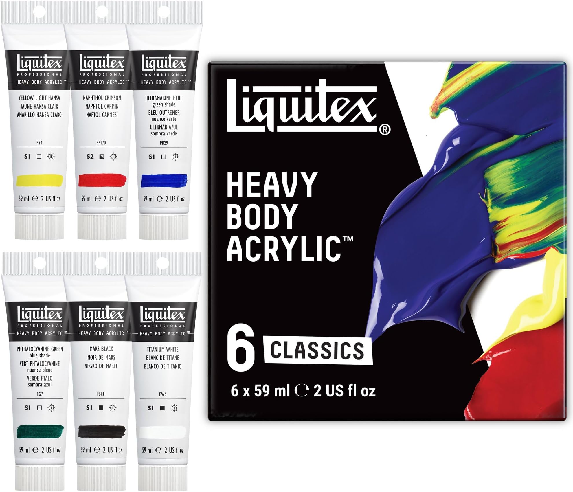 Professional Heavy Body Acrylic Paint, Classic 6 x 59ml (2-oz) Set