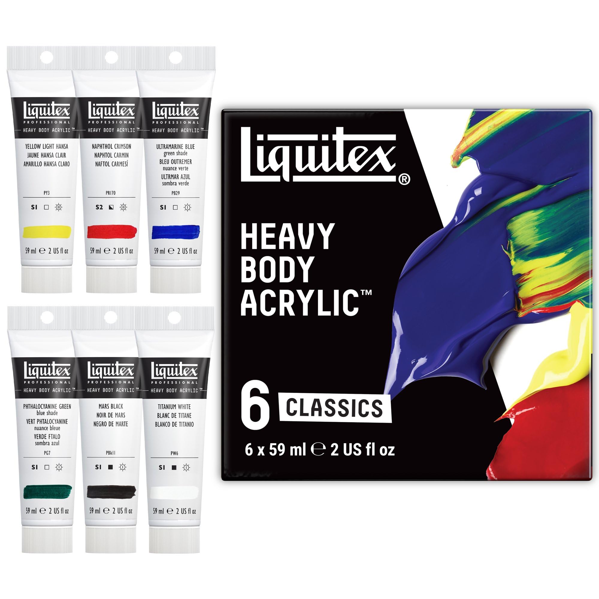 Liquitex 3699311 Acrylfarbe Heavy Body, 6 Acrylfarben in Künstlerqualität, Classic Set, 59 ml (6er Pack)