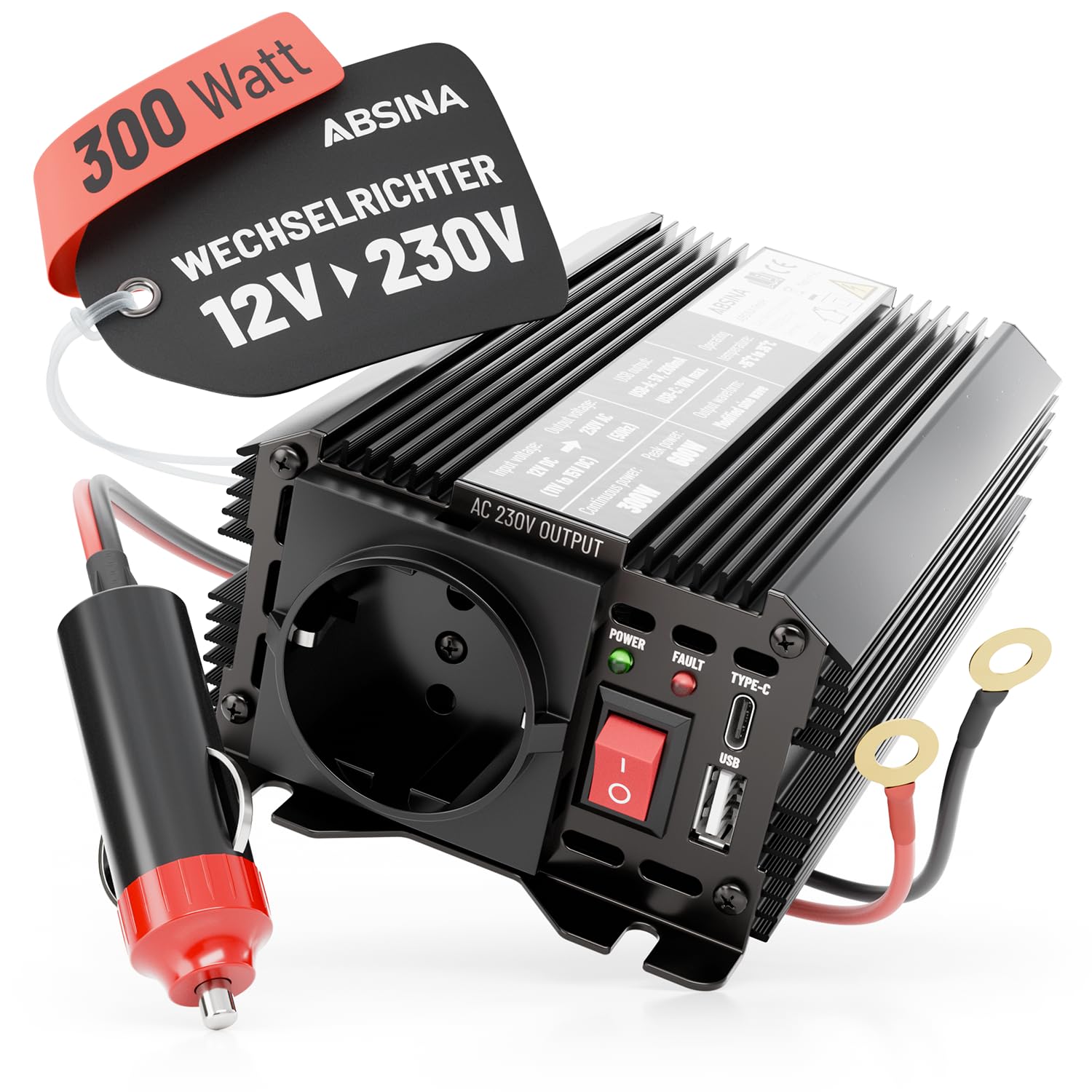 ABSINA Wechselrichter 12V auf 230V - Modifizierter Sinus Spannungswandler - Inverter 300W mit 600W Spitzenleistung - Stromwandler - Stromumwandler - Umwandler