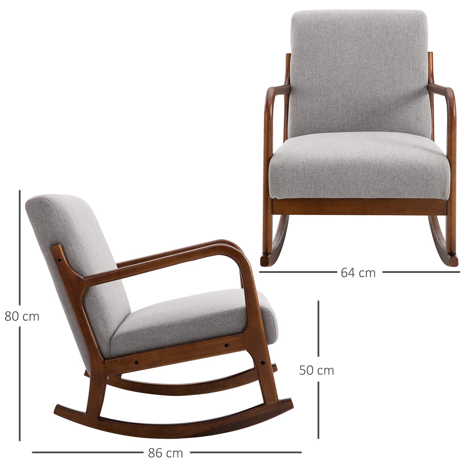 HOMCOM Poltrona a Dondolo Imbottita, Design Vintage in Legno e Poliestere Grigio, per Interni, Ufficio, Soggiorno, 64x86x80cm