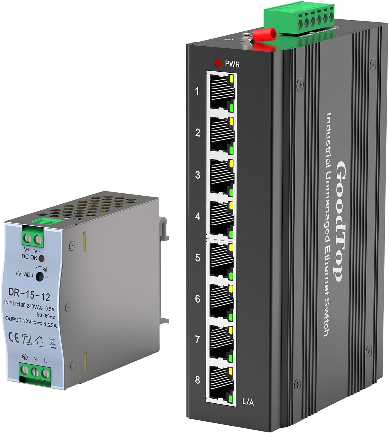 8 Port Gigabit Industrial Switch,DIN-Rail Unmanaged Ethernet Switch with 15W DIN-Rail Industrial Power Supply,10/100/1000Mbps Network Switch,IP40,One-Key VLAN,Lightning Protection