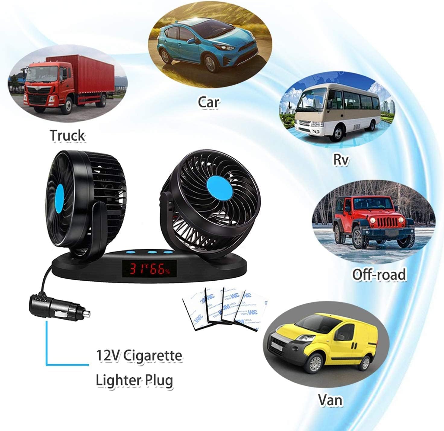 Ventilatore Auto 12V Doppia Testa, Ventilatore Raffreddatore a 12 Velocità con Rotazione a 360°, Ventilatore da Auto da 5" con Display LED Temperatura e Umidità per Camion, SUV, Camper e Barche