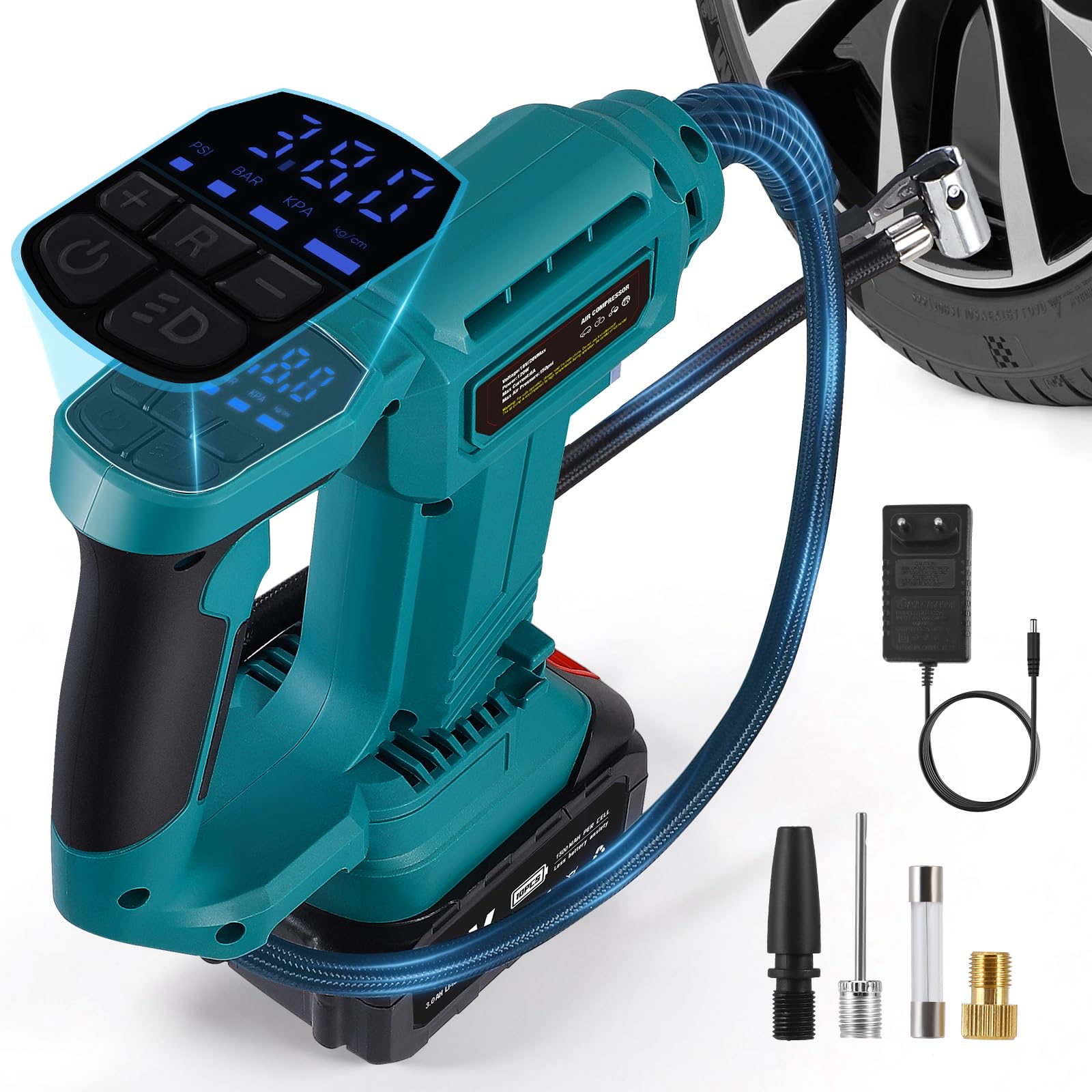 Compresseur d'air 150psi 28L/min Pompe de pneu portable avec un gonfleur de pneu de batterie de 18V 3000mAh avec 3 adaptateurs pour les véhicules, motos, vélos, balles, anneaux de natation
