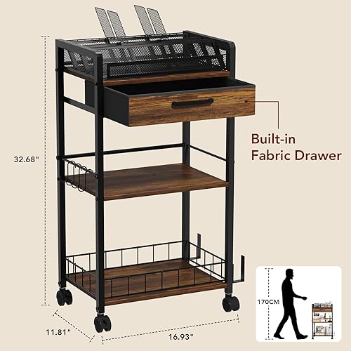 Miniatura 4 de Carrito con ruedas de 3 niveles, carrito utilitario de metal con cajón de almacenamiento y ruedas, versátil organizador de arte y manualidades para