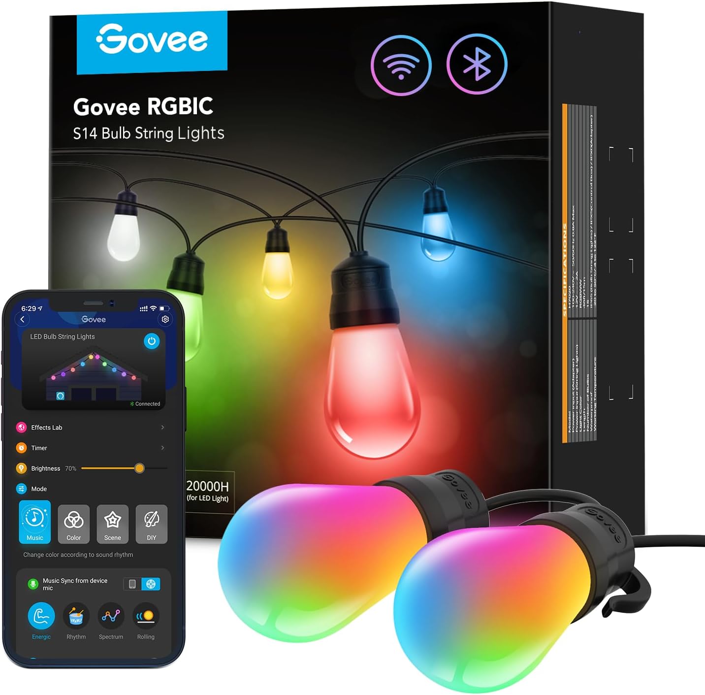 Govee Smart Outdoor String Lights H7020, RGBIC Warm White 48ft LED Bulbs for Outdoor Decor, WiFi Patio Lights Work with Alexa, Google Assistant, APP Control, IP65 Waterproof
