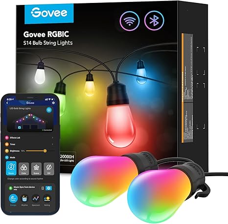 Govee Smart Outdoor String Lights H7020, RGBIC Warm White 48ft LED Bulbs for Outdoor Decor, WiFi Patio Lights Work with Alexa, Google Assistant, APP Control, IP65 Waterproof