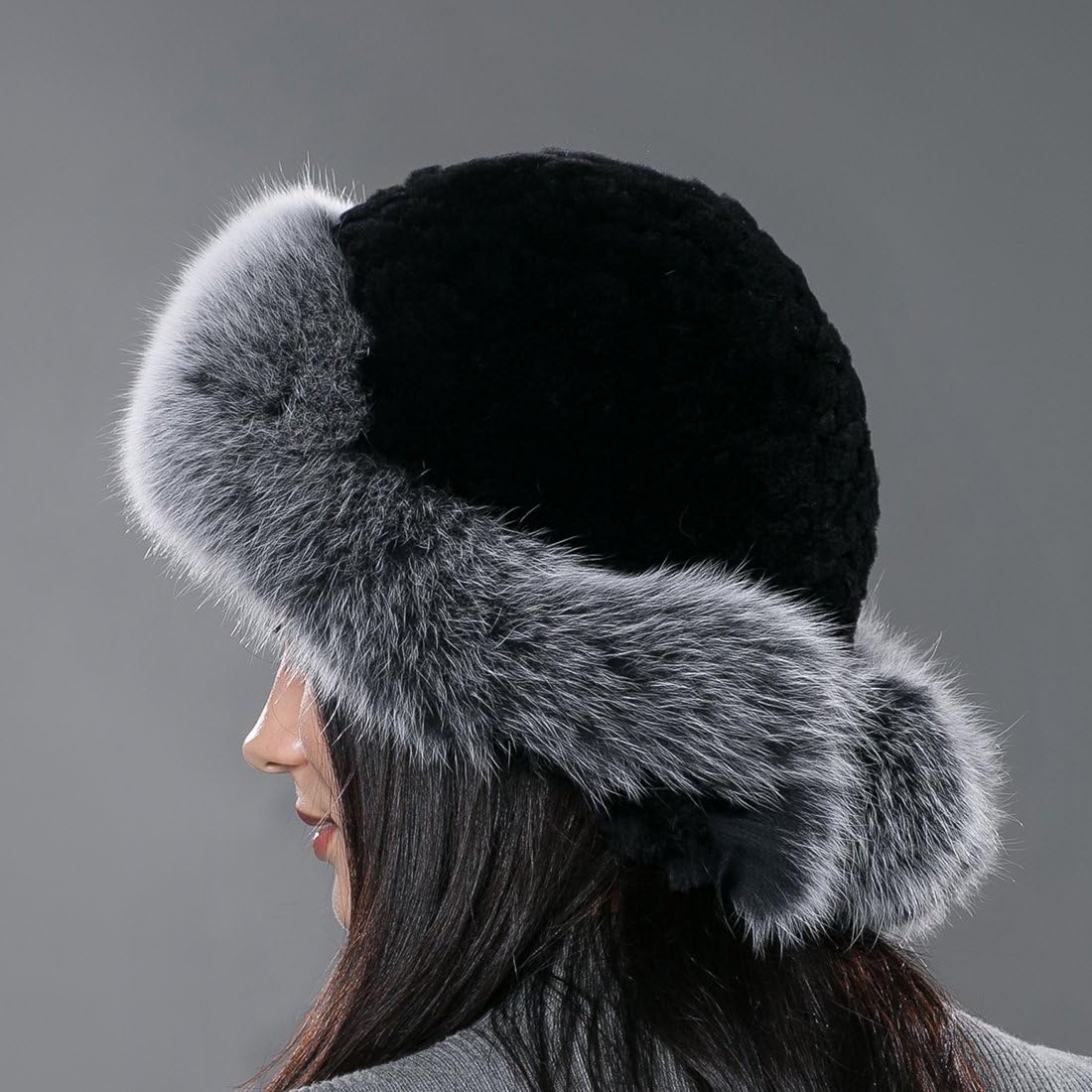 URSFUR Winter Fur Bomber Hat Rex Rabbit Fur Russian Cap with Fox Fur Trim Gray