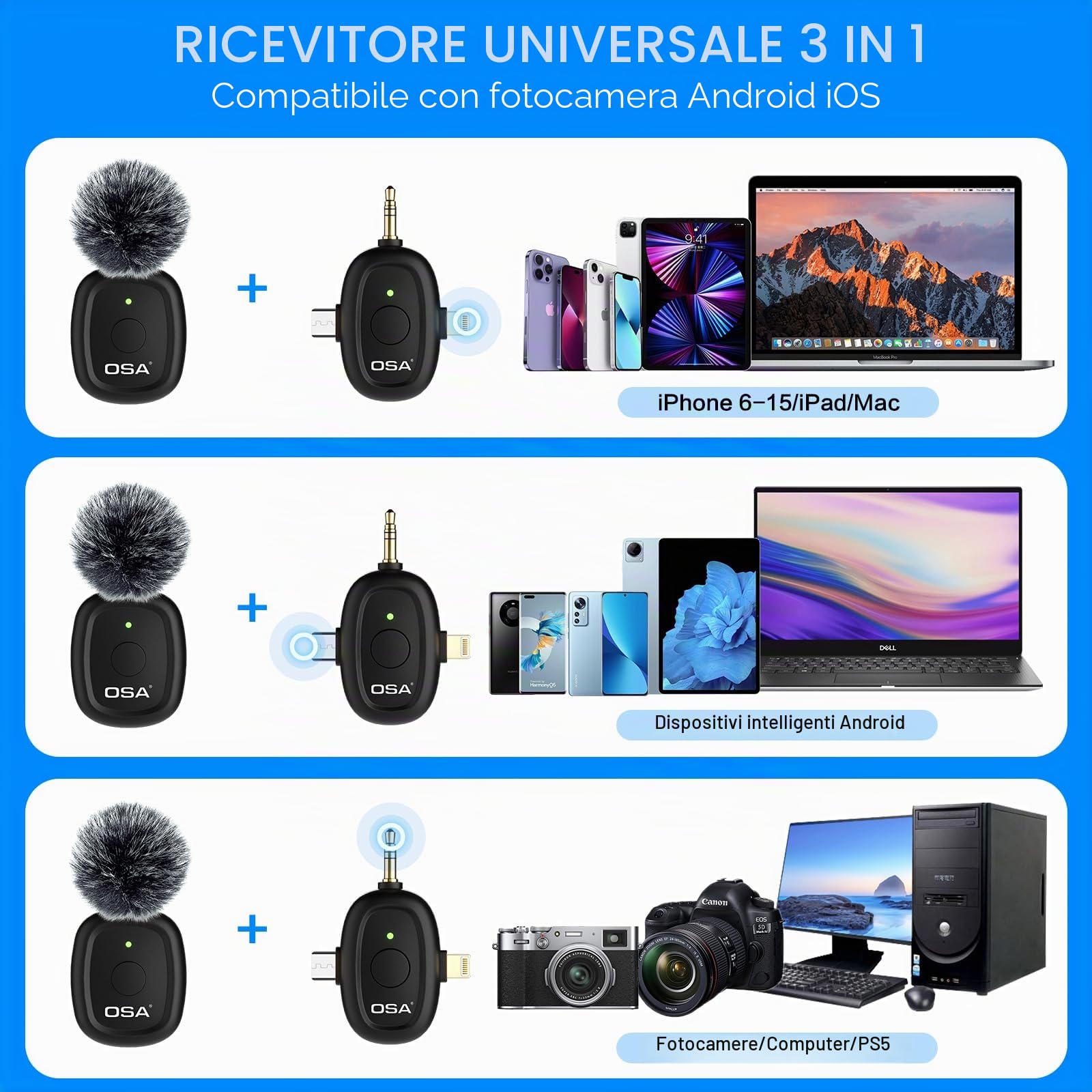 OSA Microfono Wireless 3 in 1 per Fotocamera, IOS Phone, Android e Laptop, 8 Ore di Lavoro Lungo Microfono da Bavero con Riduzione del Rumore per Registrazione Video, Vlog, YouTube, TikTok