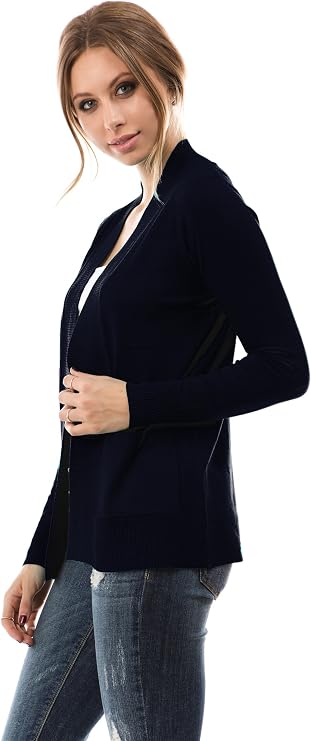CIELO Open Front Solid Color Long Sleeve Sweater Cardigan, Navy, X-Large