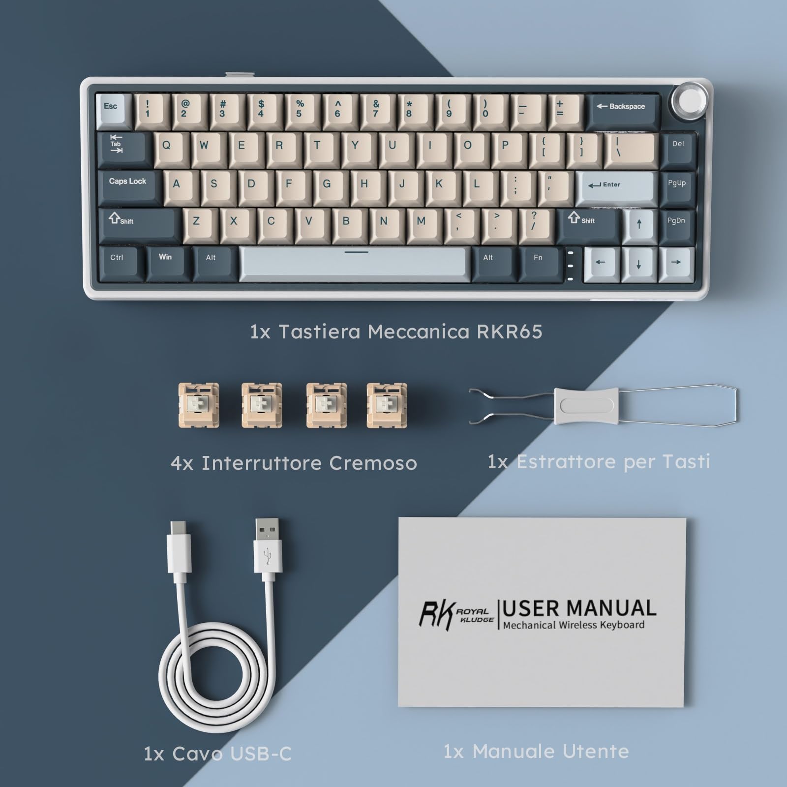RK ROYAL KLUDGE R65 Tastiera Meccanica Wireless, 60% Gasket Bluetooth/2.4G/Cavo, Layout US Tastiera con 66 Tasti, Manopola Volume, Tasti PBT, Hot-Swap, Compatibile con VIA(Interruttore Crema, Blu)