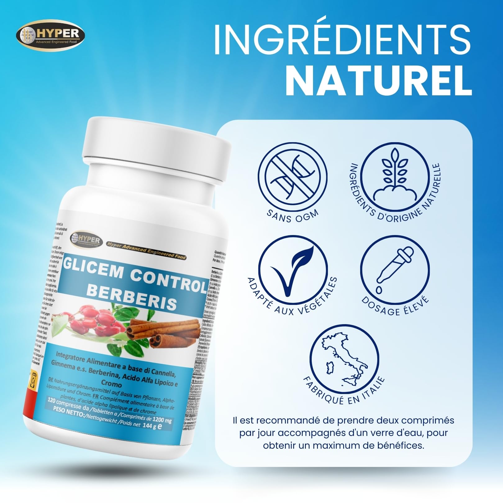 Hyper Glicem Control Berberis 60 Comprimés - Complement Alimentaire pour la Glycemie avec Berberine, Gymnema, Cannelle, Acide Alpha-Lipoïque et Picolinate de Chrome - Métabolisme des Glucides