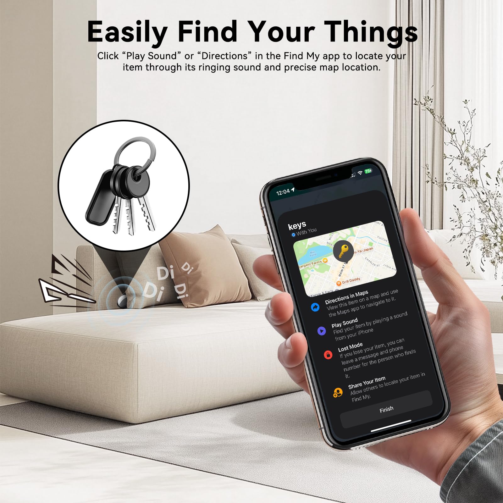 Lot de 4 traqueurs de portefeuille Bluetooth, fonctionne avec l'application Apple Find My (iOS uniquement), détecteur d'objets étanche IP67 avec batterie remplaçable et alarme puissante pour clés