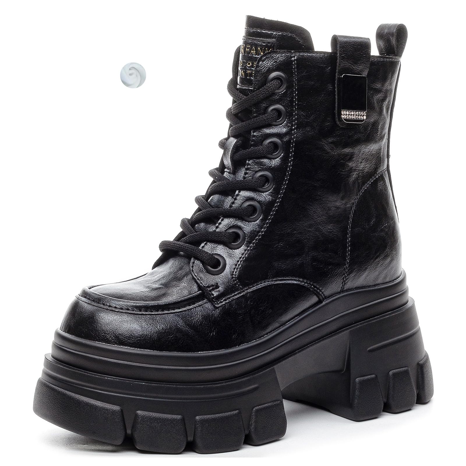 Womens Leather Chunky Platform Lace Up Ankle Boots Round Toe Side Zipper Non-Slip Lug Sole Comfortable High Heel
