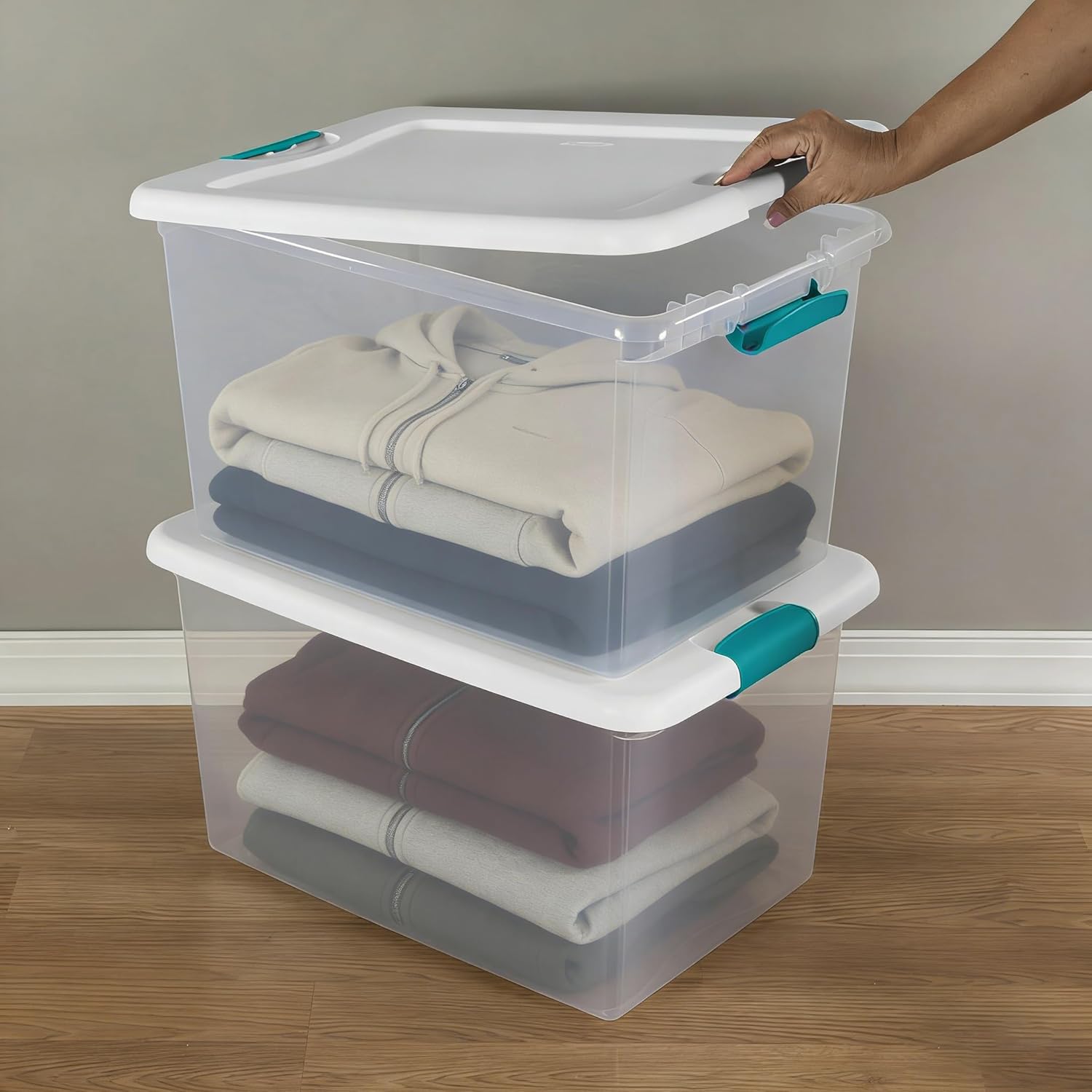 6-Pack 64 Quart Latching Storage Bins with White Lids - Clear Plastic Durable Stackable Containers for Home Bedroom, Dorm & Living Room Organization