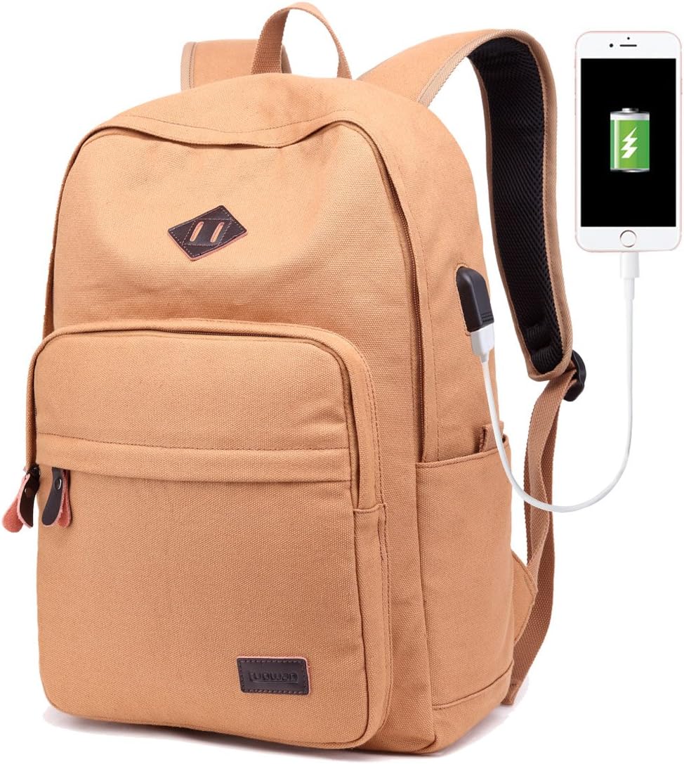 School College Backpack Bookbag Laptop Rucksack Travel Bag Casual Daypack with USB Charging Port Fits 15 Inch Laptop (Light Brown)