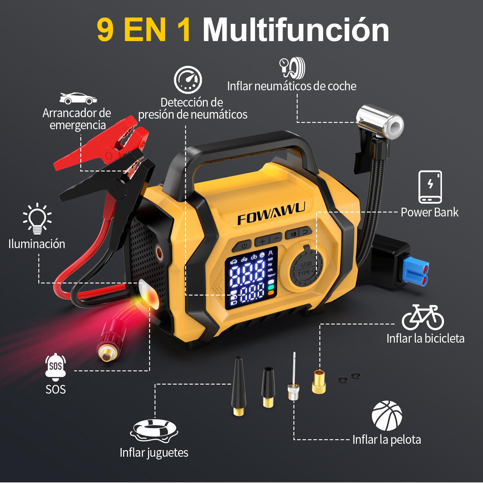 FOWAWU Arrancador de Baterias con Compresor de Aire 9 en 1, Arrancador de Baterias 8000A 26800mAh(hasta All Gasolina/10 L Diesel), Compresor Aire 150psi Parada Automática