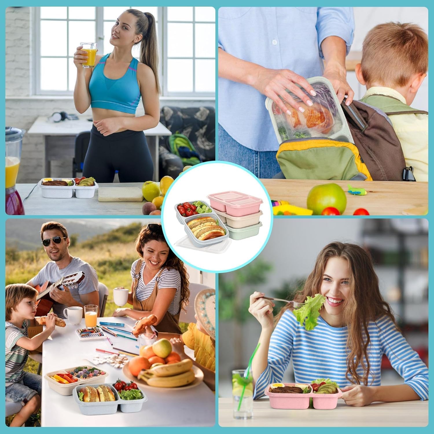 4 Pack Bento Lunch Box for Adults, 2 Compartment Meal Prep Containers Reusable, Divided Lunch Containers with Lids, Microwave & Dishwasher Safe Food Prep Containers for Lunch, Work and Travel