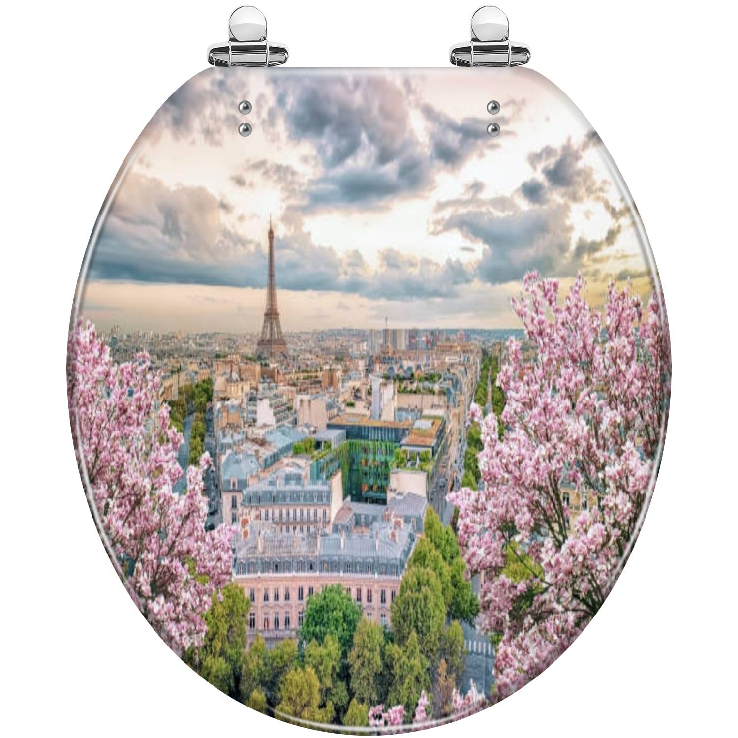 Round Toilet Seat Paris city springtime Resin Toilet Seat Quietly Slow Close with Quick-Release Hinges Toilet Seat with Cover Easy to Clean Install