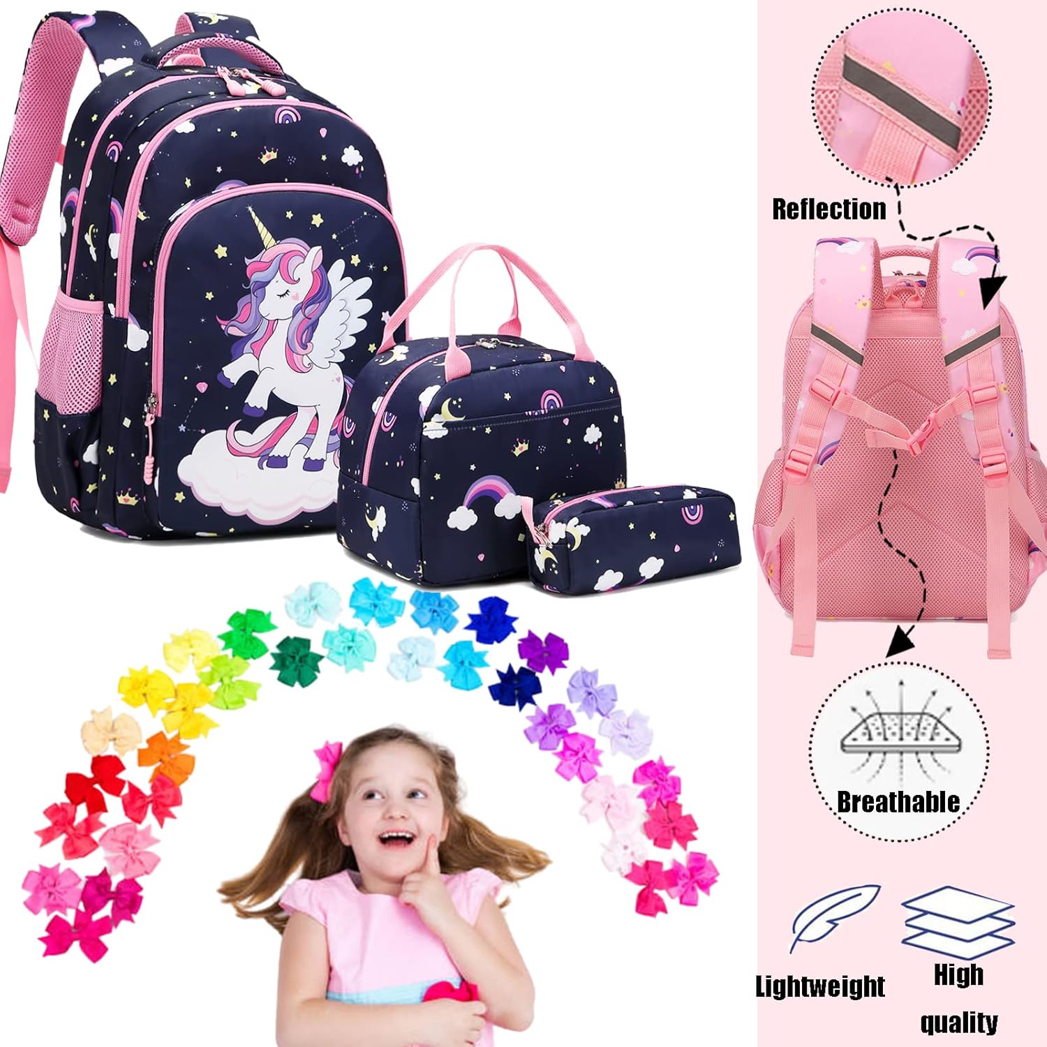 Jumpopack Unicorn Backpack for Girls School Backpacks for Girls Elementary School Bag Bookbag,Navy Unicorn - Image 6