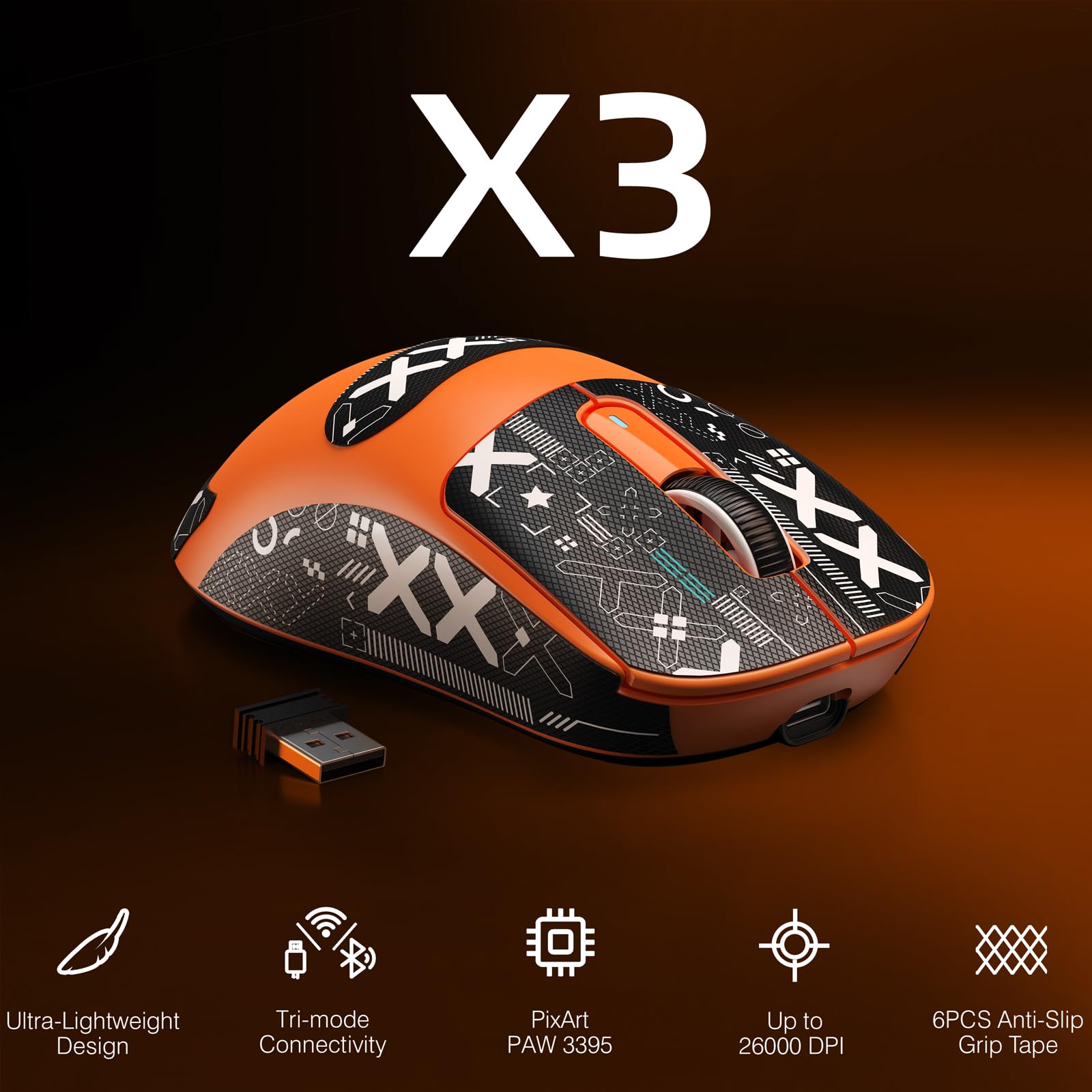 VGN GAMEPOWER ATTACK SHARK X3 SUPERLIGHT Mouse Gaming Wireless, 49g Ultraleggero Mouse da Gioco, PixArt PAW3395, 26,000 DPI, 2.4G/BT5.0/Cablato, Mouse Grip Tape, Durata Batteria 200Hrs, Arancia