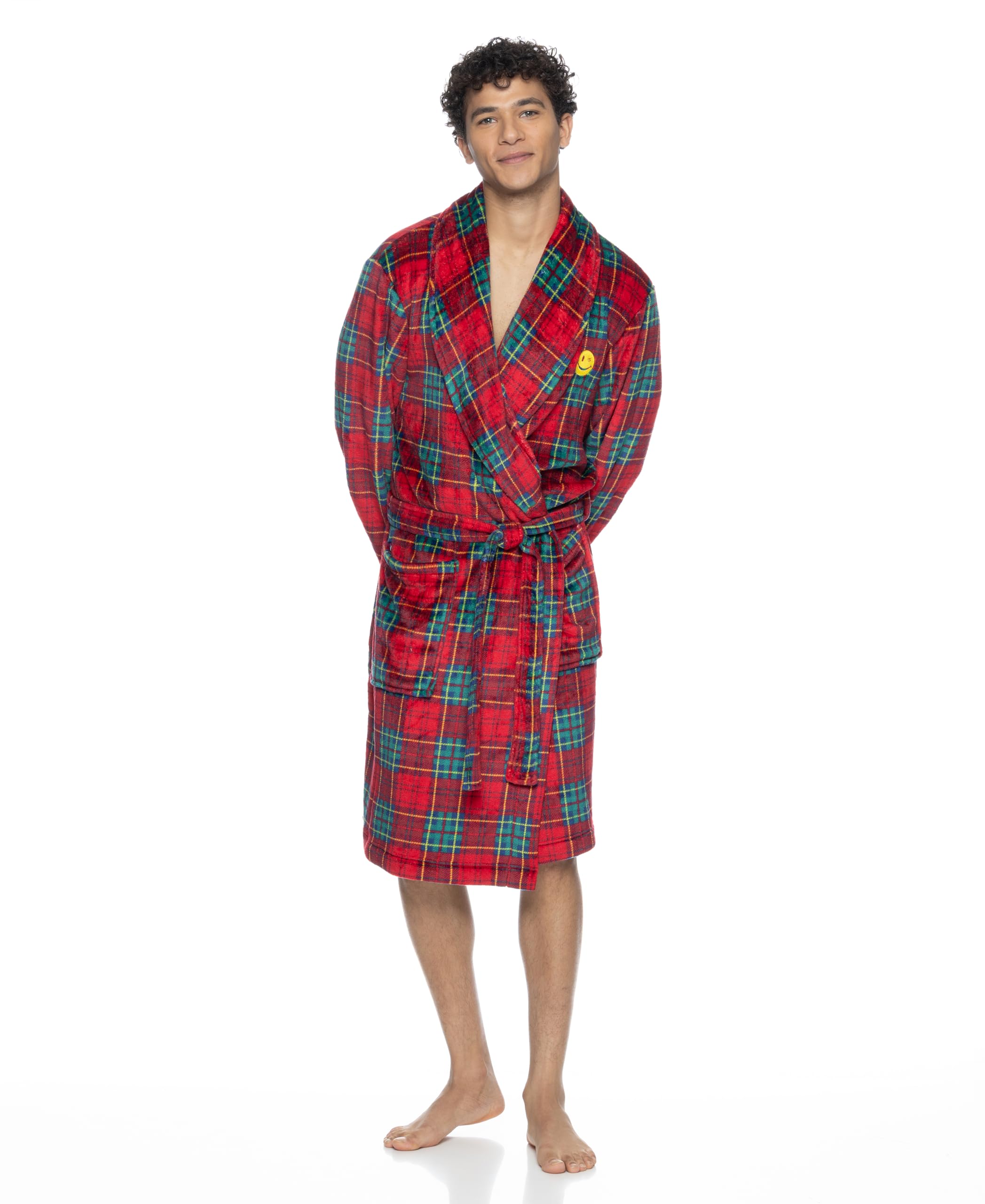 JOE BOXER Men Tartan Plaid Plush Robe - Bathrobes for Men (Deep Red, One Size)