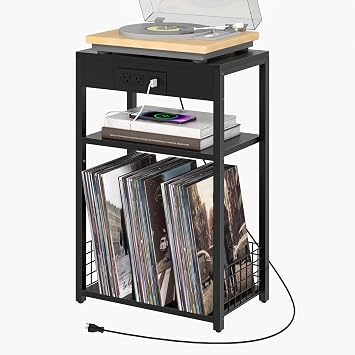 LELELINKY Black Record Player Stand with Charging Station
