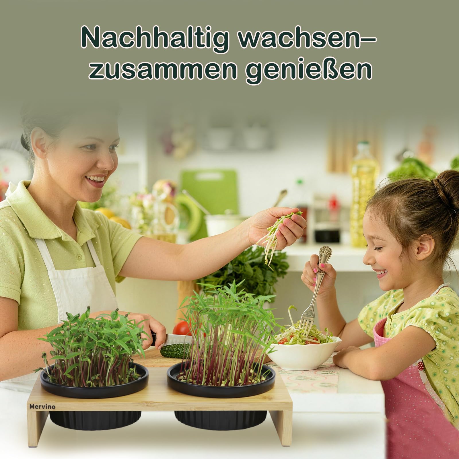 Mervino Kresse Anzuchtschalen Set mit 2 Hochwertigen Keramik-Anzuchtschalen, 2 Edelstahlsieben & Bambusständer – Praktisches Sprossen Anzuchtset für Microgreens, Kressesamen und Keimlinge,Schwarz