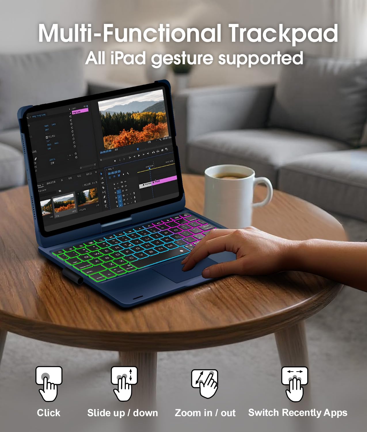 Baisla iPad 10th Generation Case with Keyboard 10.9"& iPad 11th (A16) & iPad Air 11 (M3/M2), Multi Trackpad, 360 Swivel & Rainbow Backlit for iPad Air 5th/4th,iPad Pro 11 4th/3rd/2nd/1st - Blue