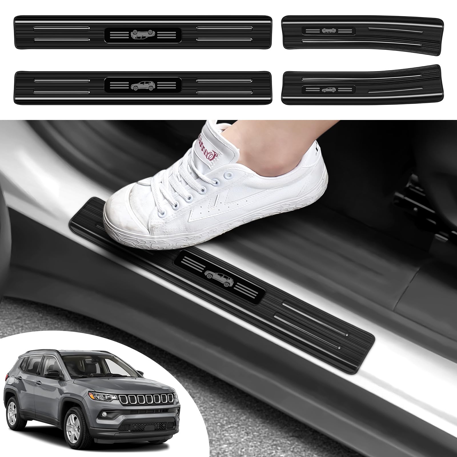 PeakPurit 4PCS Car Door Edge Guards Door Sill Protector for Jeep 2022-2025 Compass Accessories Black Brushed Stainless Steel Material Car Door Threshold Protection