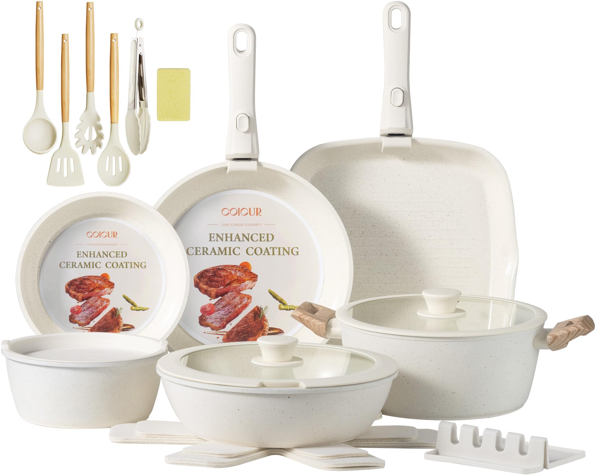 COICUR Keramik Topfsets Pfannenset 23 Teilig Antihaft Kochgeschirr mit Abnehmbarem Griff Stapelbar Topfset Für alle Herdarten, Bratpfanne 20/26cm, Milchtopf 18cm, Schmorpfanne 24cm Ofenfest Beige