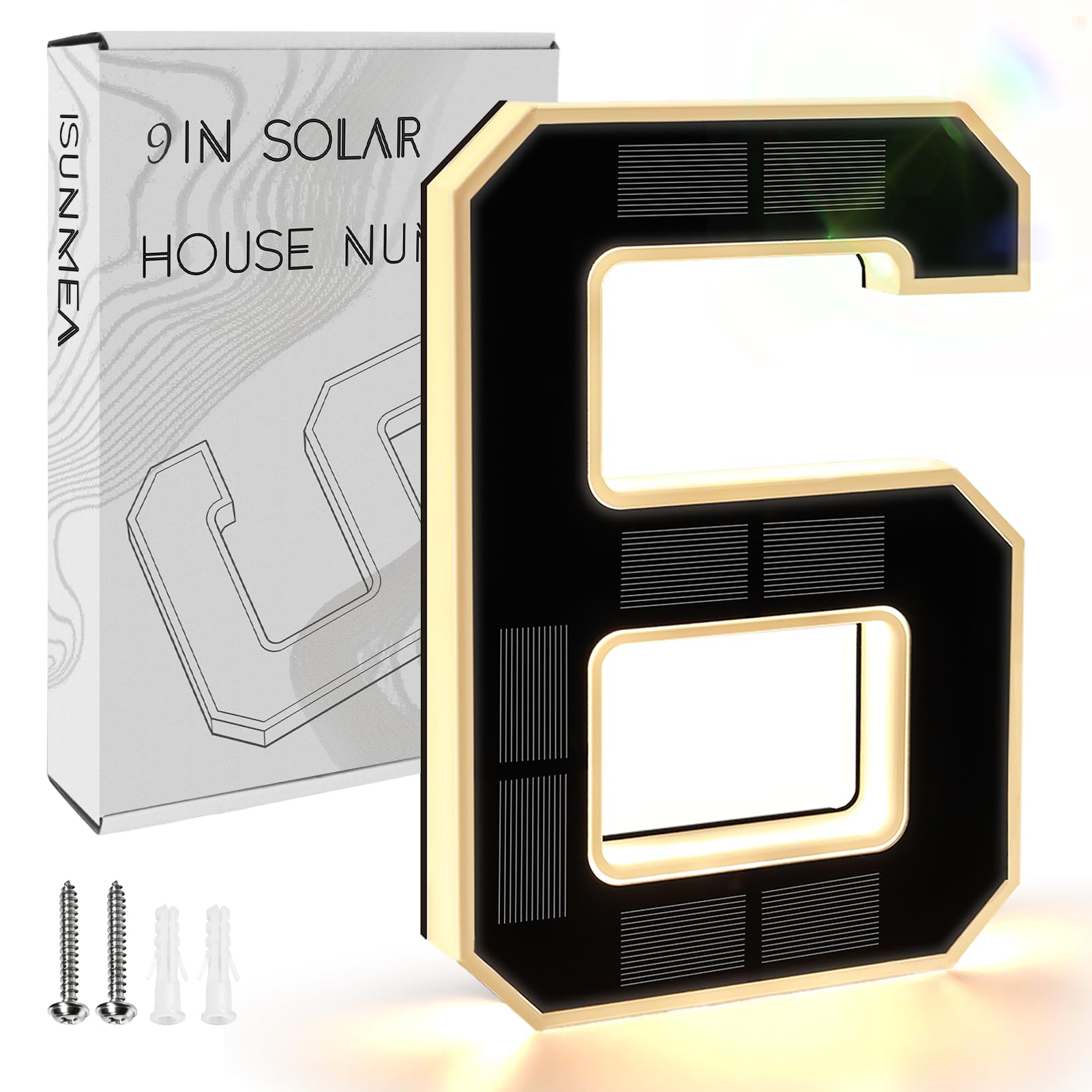 Photo 1 of ISUNMEA 9 Inch Solar Lighted House Numbers for Outside, Light Up Waterproof LED Address Numbers Signs for Houses, Large Personalized Illuminated Exterior Modern House Numbers Light (6-Black, 9IN)