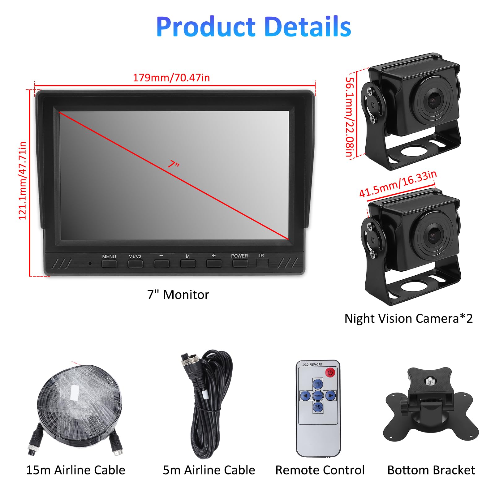 KAOLALI Telecamera di Retromarcia con Monitor da 7 Pollici, Kit Retrocamera Auto con 2 Telecamere per Auto, Supporto AHD 1080 HD Visione Notturna per Caravan/Camion ecc(12V-24V)