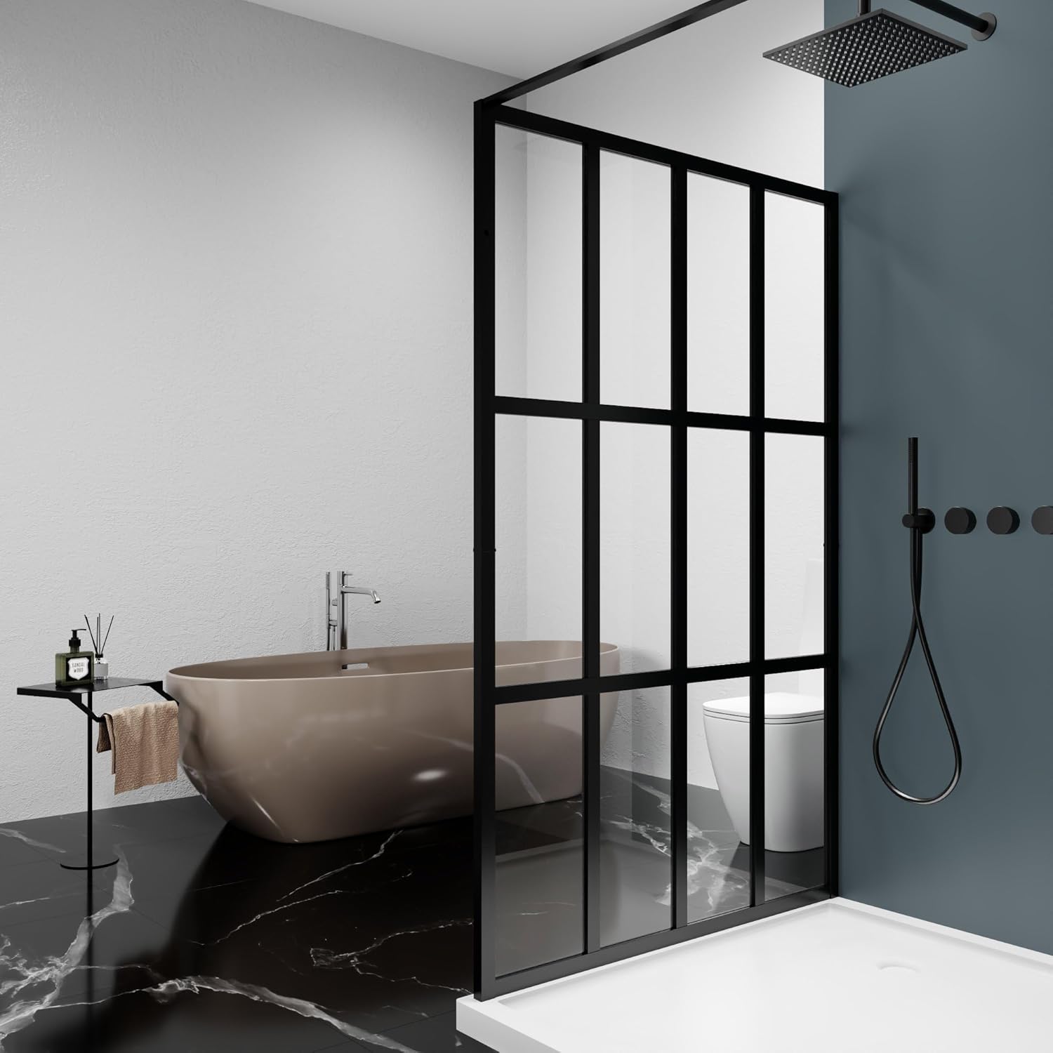 Shower Door 46 ‘W x 72 “H Walk-in Bathroom Framed Shower Screen, Single Shower Glass Panel, 1/5” Thick Clear Tempered Glass, Grid Pattern, Black Finish