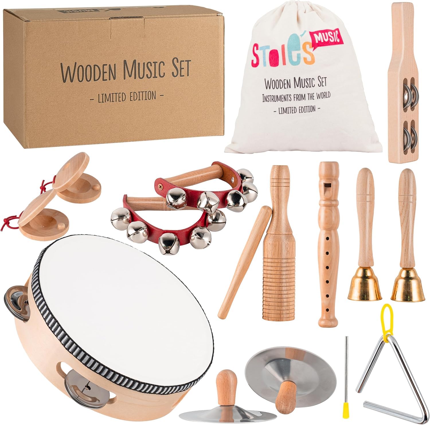 Stoie's Wooden Toddler Musical Instruments with Drum, Flute, Hand Bells, Cymbals, Castanets, Triangle, for Babies and Toddlers, Eco Friendly