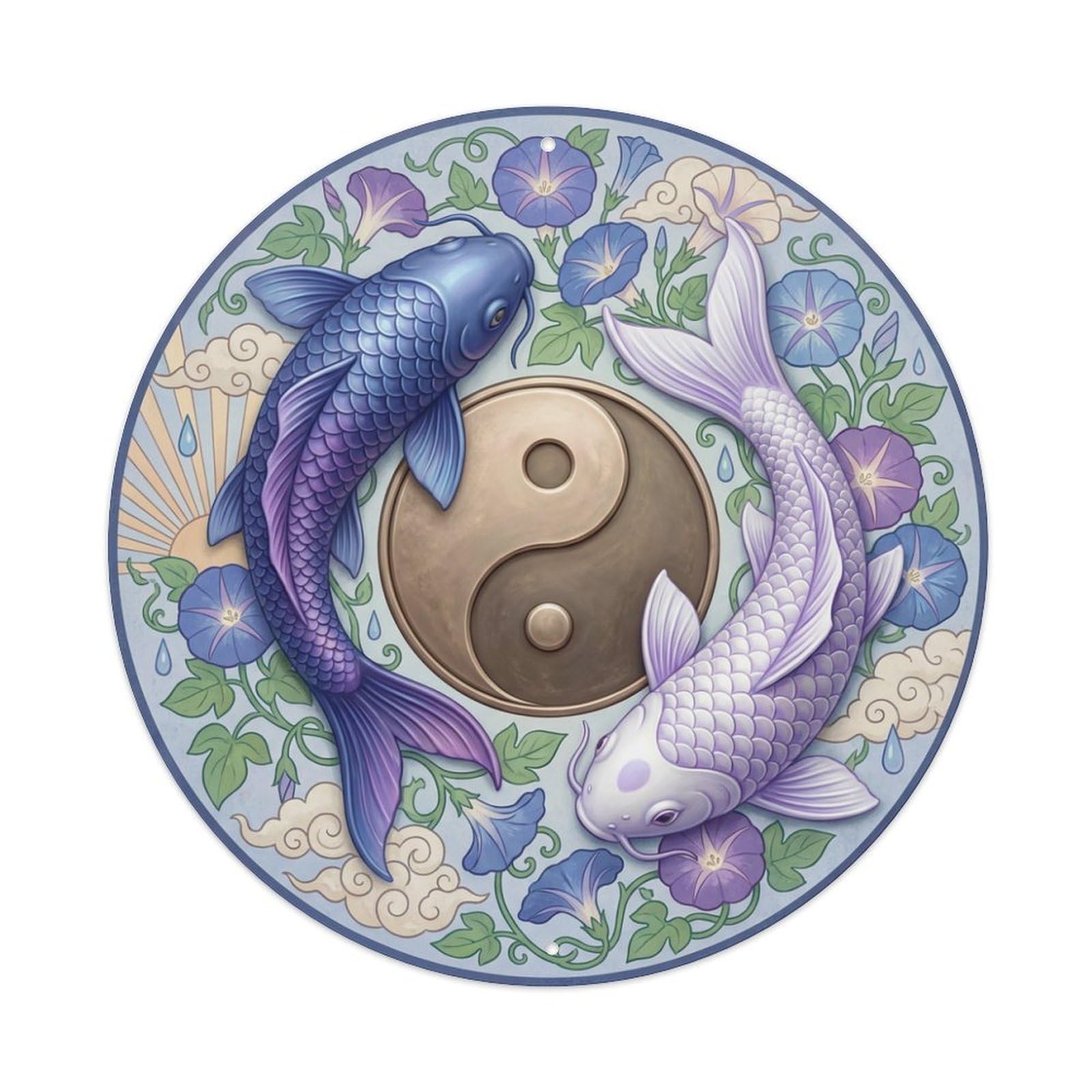 Metal Tin Sign Tai Chi Koi Fish Morning Glory