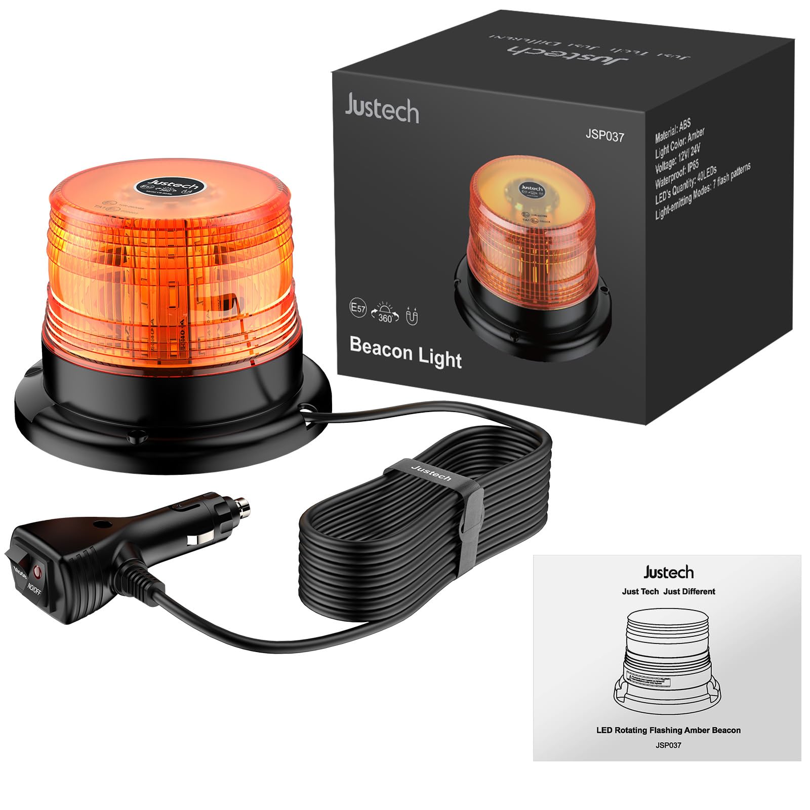 Justech 12/24 V migające światło ostrzegawcze 40 W, 40 LED, światło stroboskopowe, bursztynowe światła stroboskopowe, 7 trybów świecenia, wodoodporne, z magnetyczną podstawą do pojazdów ciężarowych