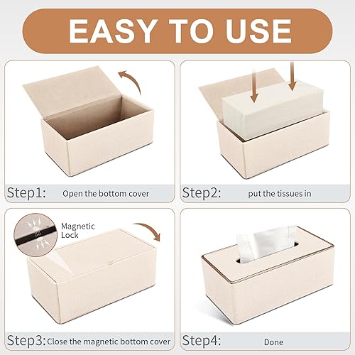 Miniatura 5 de Kleenex - Funda rectangular para caja de pañuelos, funda de caja de pañuelos rectangular, soporte Kleenex de piel sintética con 4 posavasos - Beige