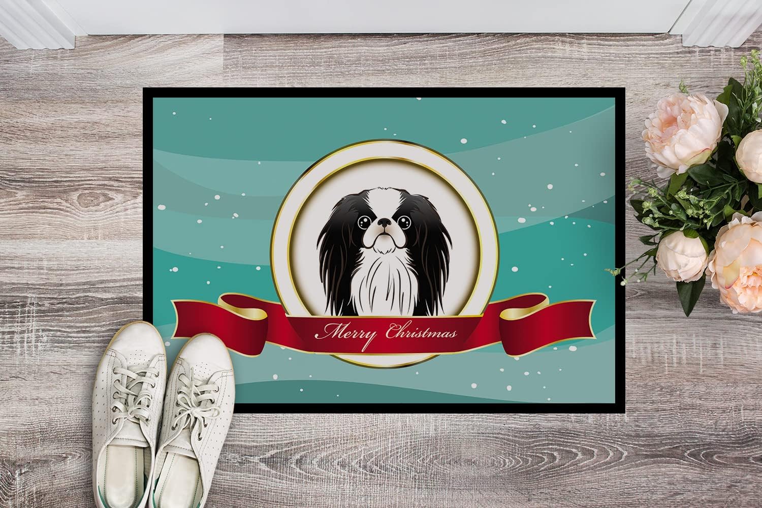 Caroline's Treasures BB1540JMAT Japanese Chin Merry Christmas Doormat 24x36 Front Door Mat Indoor Outdoor Rugs for Entryway, Non Slip Washable Low Pile, 24H X 36W