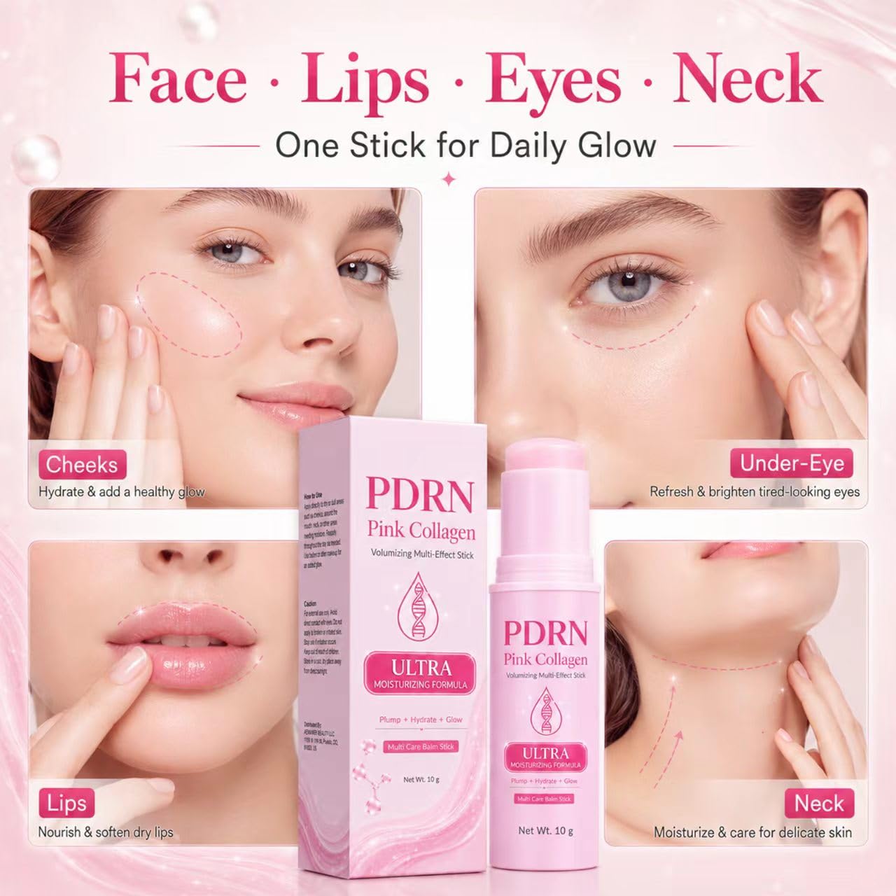 PDRN Pink Collagen Volume Multi Balm, Pink Multi Balm for Face Eyes Lips Neck, Firming Hydrating Stick for Fine Lines