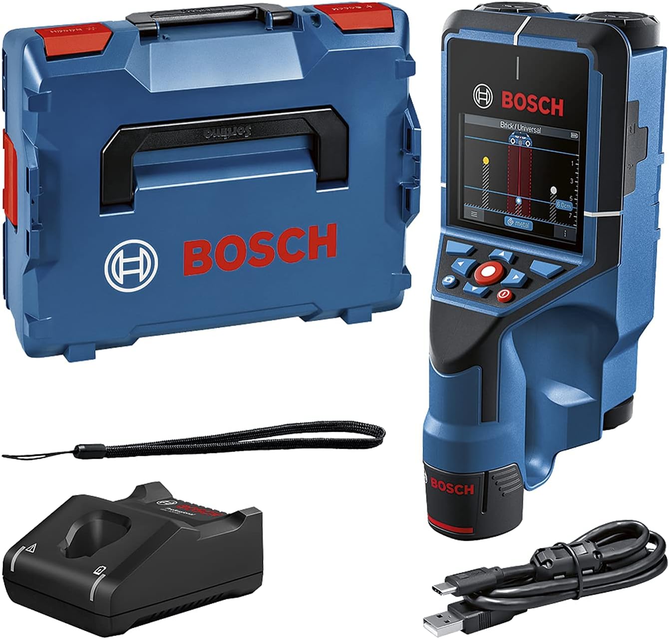 Bosch Professional 12V System Wallscanner D-tect 200 C 12 V battery, detection of non-live wires, metal, plastic pipes, wooden parts and cavities, USB-C™ cable, L-BOXX, Blue