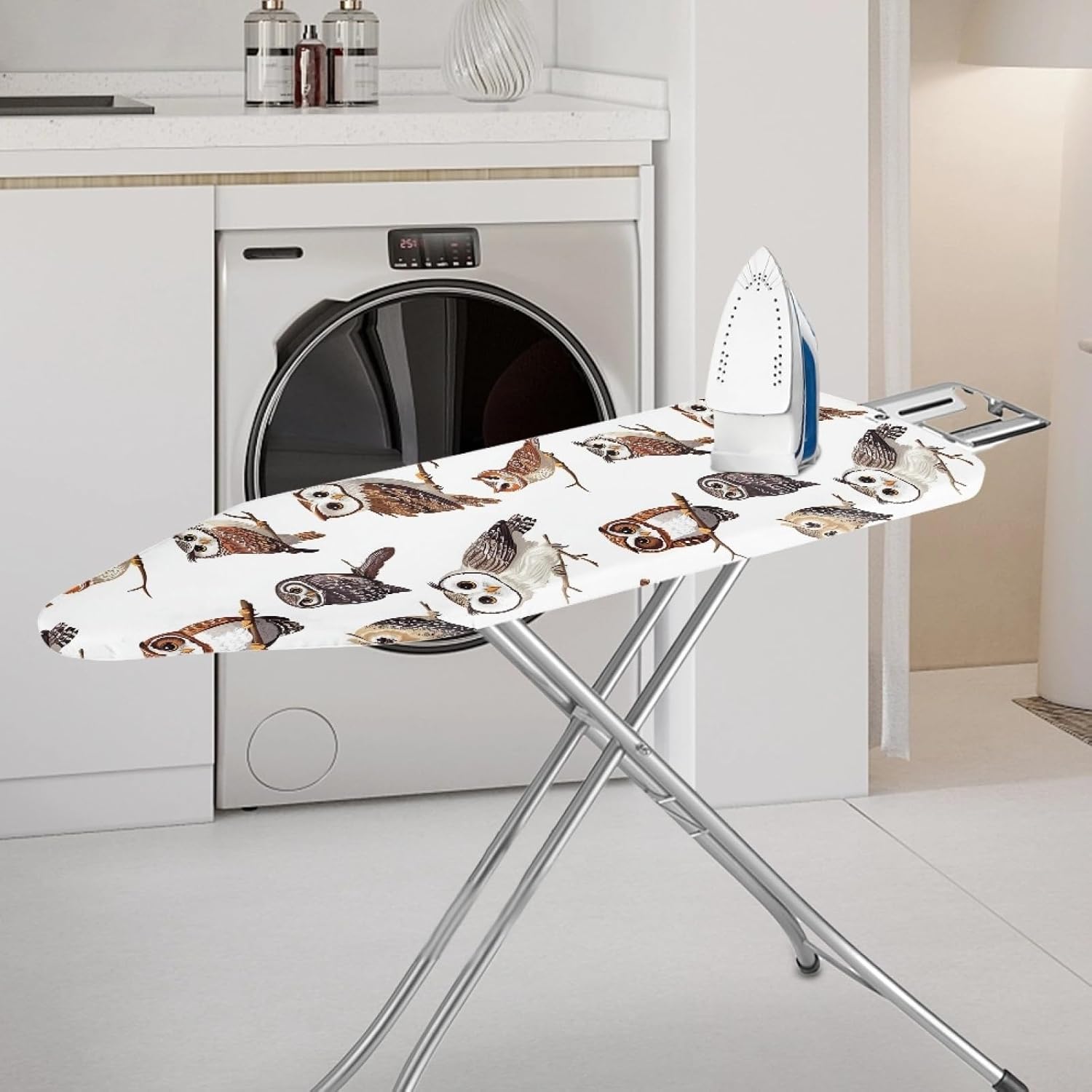 Padded Ironing Board Covers 18 X 49 Owl Grey Yellow Ironing Board Pad and Cover Thick Replacement Drawstring Tightening & Lock, Easy Fit, Scorch & Stain Resistant, Non Slip